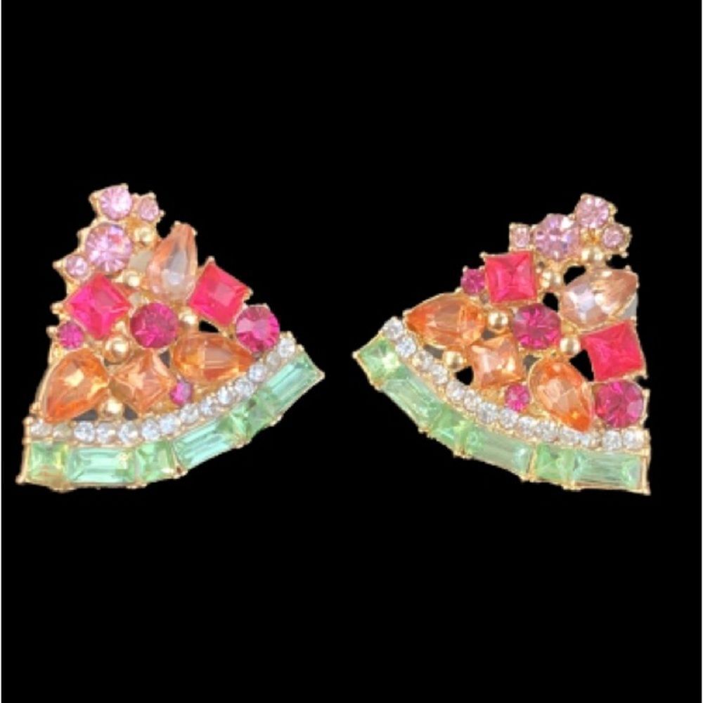 Yummy Watermelon Earrings | Rainbow Rhinestone Fruit Slice Summer Vacation Studs